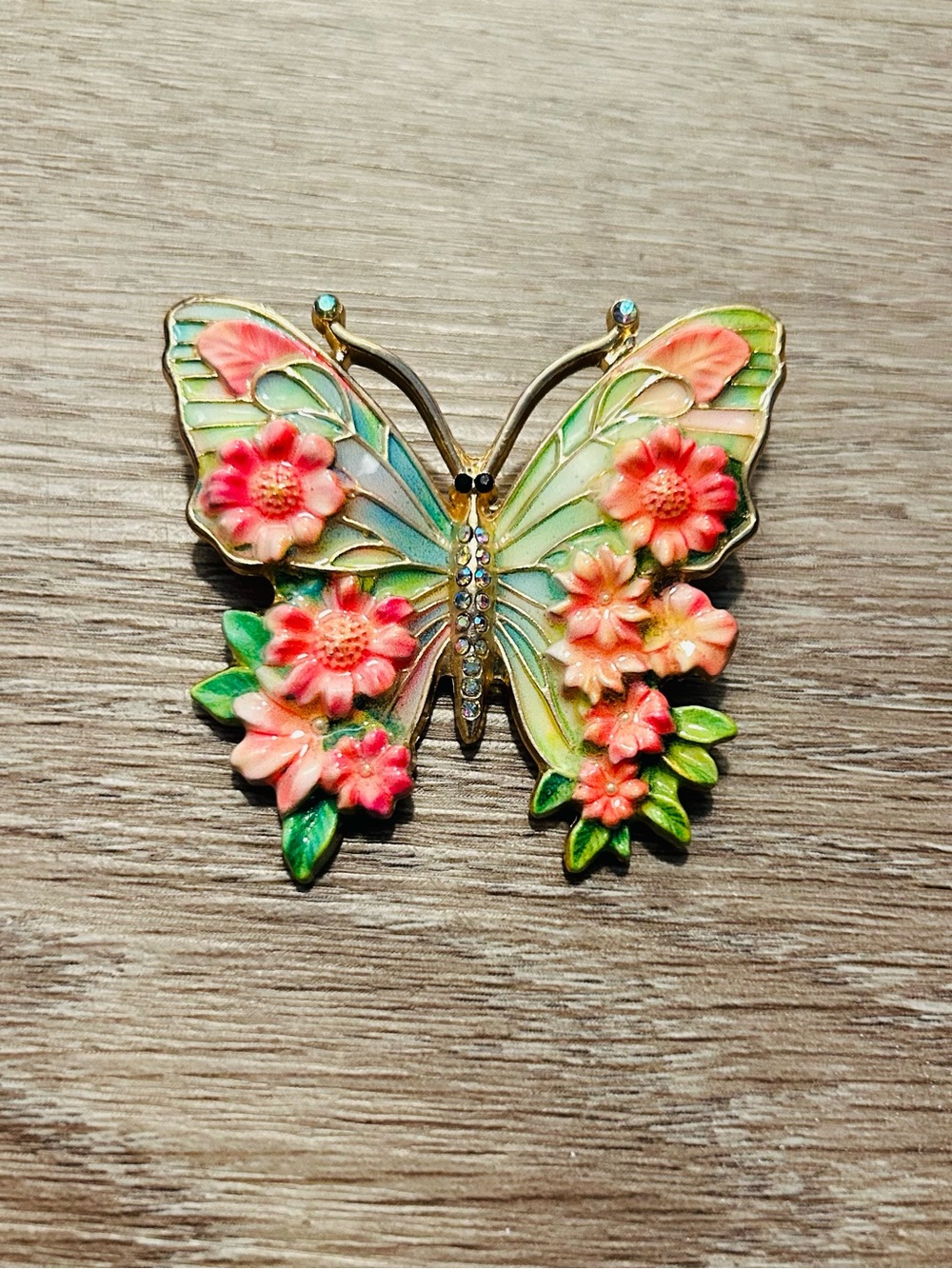 Butterfly Floral Brooch with Rhinestones - Coral & Mint